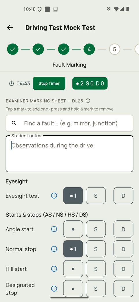 The examiner marking sheet mid-test: a DL25-style grid of fault categories such as eyesight, angle start and normal stop, each with driving, serious and dangerous columns, above a running fault tally and timer.