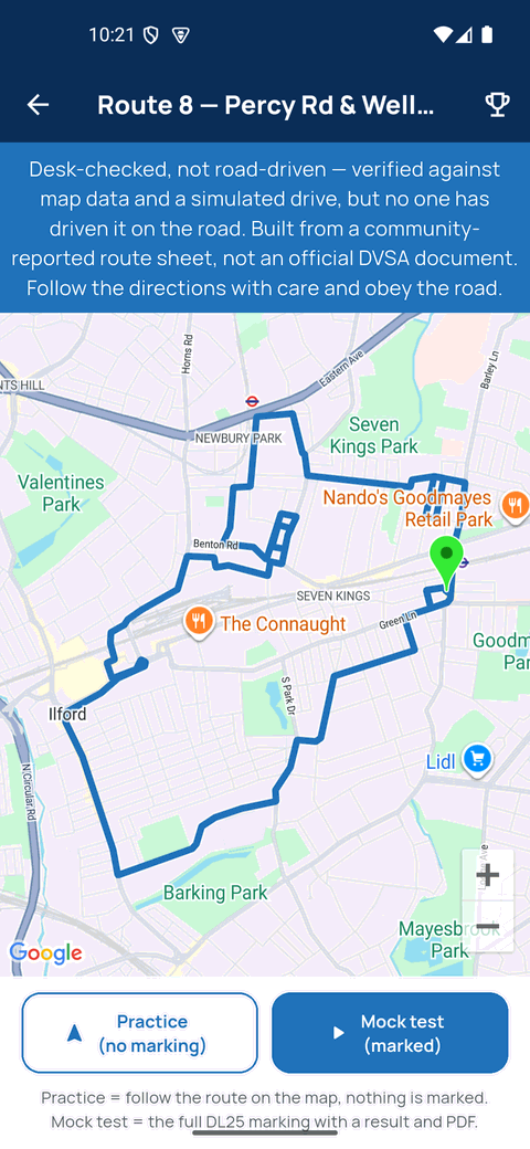 Route 8 at Goodmayes, showing the full route drawn on a map and a banner reading "Desk-checked, not road-driven — verified against map data and a simulated drive, but no one has driven it on the road", above buttons for a practice drive or a marked mock test.