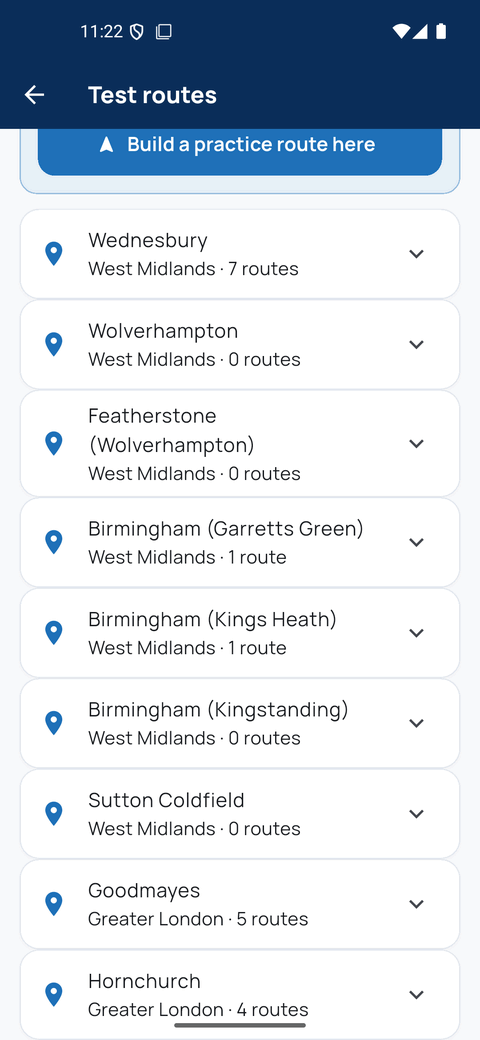 The Test routes screen listing test centres with their route counts — Wednesbury with 7 routes, Birmingham Garretts Green with 1, Goodmayes with 5 and Hornchurch with 4.