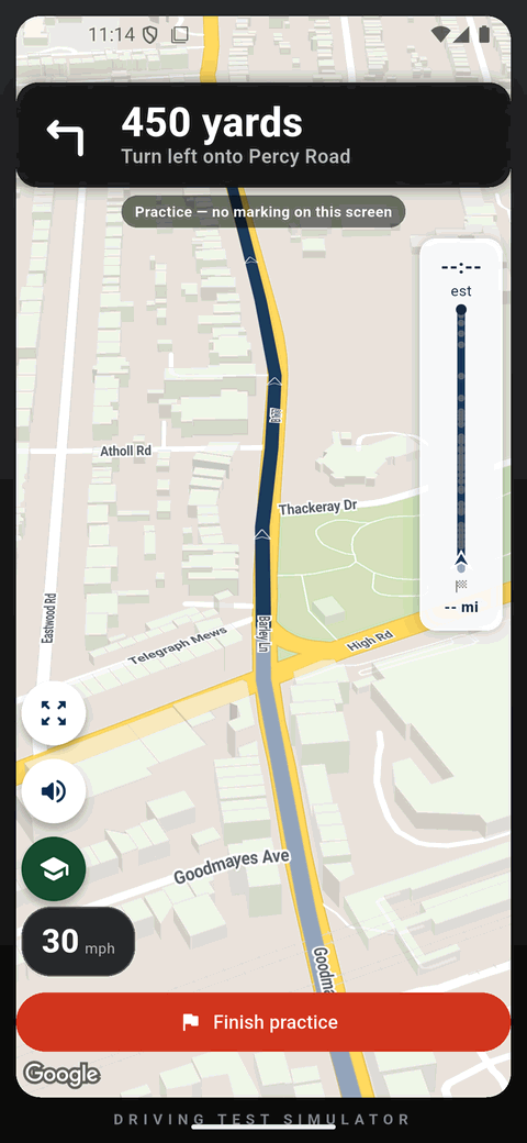 Turn-by-turn guidance mid-drive: a card reads "450 yards — turn left onto Percy Road" above a heading-up map, with the current 30 mph limit shown.